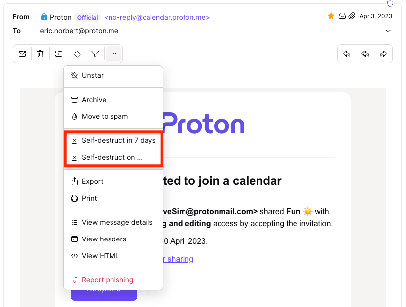 Proton Mail Self Destructing Email