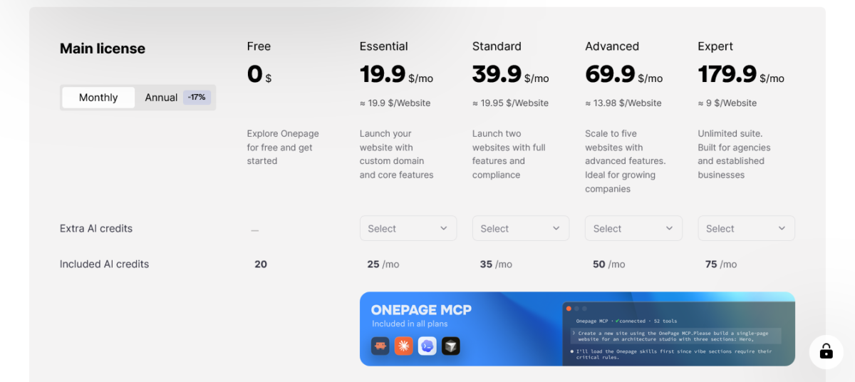 Onepage Pricing Plans